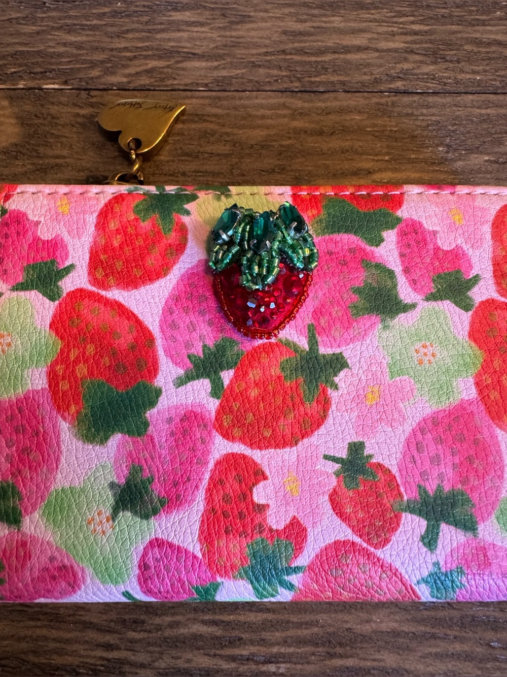 Betsey Johnson Strawberry Fresh N Fruity Bifold Wallet  Rhinestone Strawberry